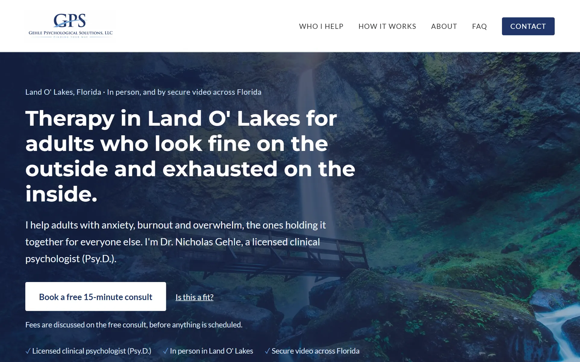 After: the same practice's homepage rewritten. The first screen says who it helps, what with, where, and offers a free 15-minute consult.